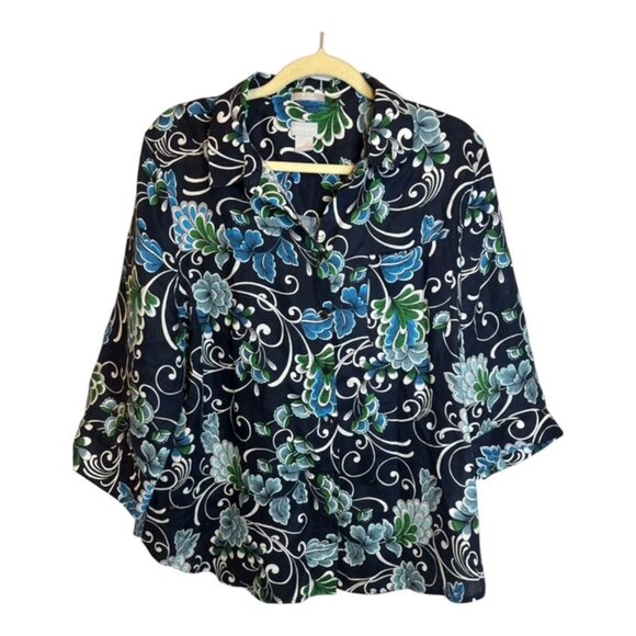 Chico's Tops - Chico's Blouse Women's Size XL Floral Linen Paisley Black Blue Chicos 3